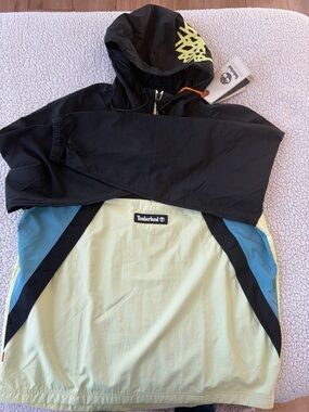 Timberland Black, Pale Yellow & Blue Colorblock Hooded Windbreaker